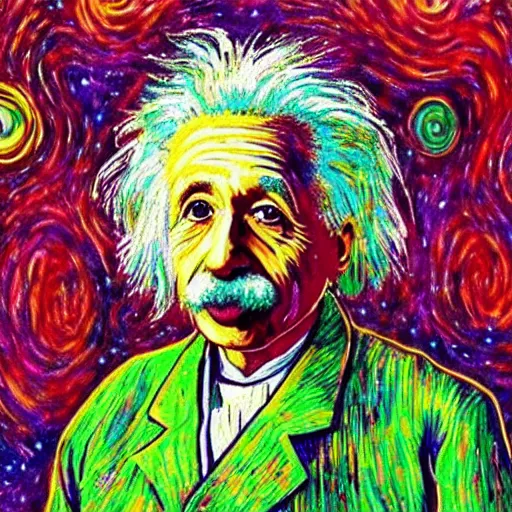 Image similar to “cosmic Albert Einstein with tongue out, tripping on lsd, style of Van Gogh painting”