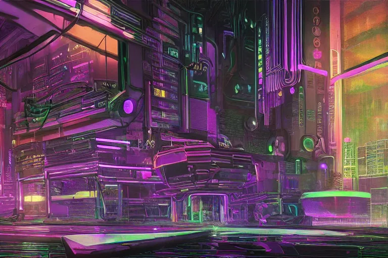 Image similar to A highly detailed rendering of a Cyberpunk room with hologram of a bitcoin messy cables, soft neon purple lighting, reflective surfaces, sci-fi concept art, by Syd Mead and H.R.Giger, highly detailed, oil on canvas