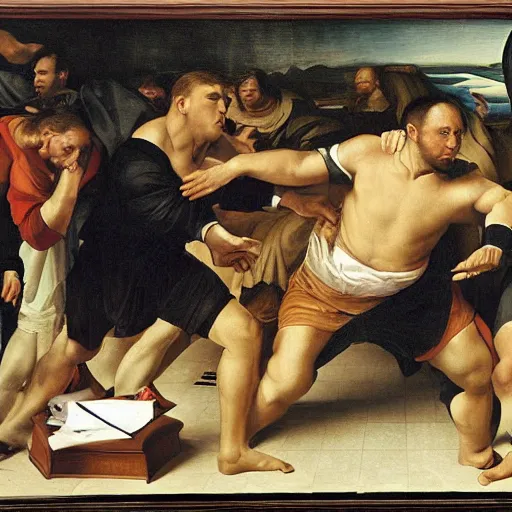 Prompt: three clones of Alex Jones fighting in a courtroom, renaissance painting