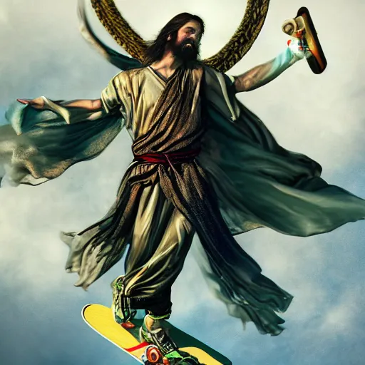 Prompt: UHD photorealistic of a Jesus skateboarding , extremely detailed, 8k, cinematic lighting, in the style of Amano and Ayami Kojima, with vivid colors and rich composition