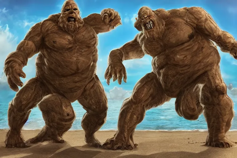 Image similar to photo, friends, man two old hairy fat ugly men! fighting alien monsters 4 0 1 2 9 on a beach, highly detailed, scary, intricate details, volumetric lighting, front view