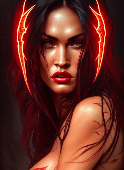 Prompt: portrait of megan fox as demon, devil, red skin, batwings, hell, intricate, headshot, highly detailed, digital painting, artstation, concept art, sharp focus, cinematic lighting, illustration, art by artgerm and greg rutkowski, alphonse mucha, cgsociety