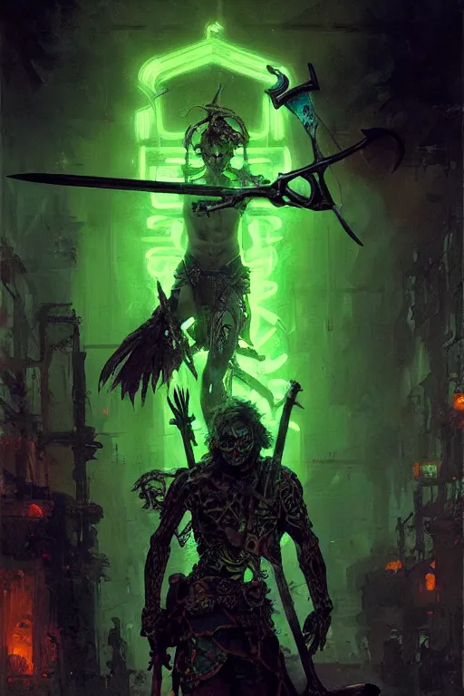 Image similar to neon green skeleton with a large axe portrait dnd, painting by gaston bussiere, craig mullins, greg rutkowski, yoji shinkawa