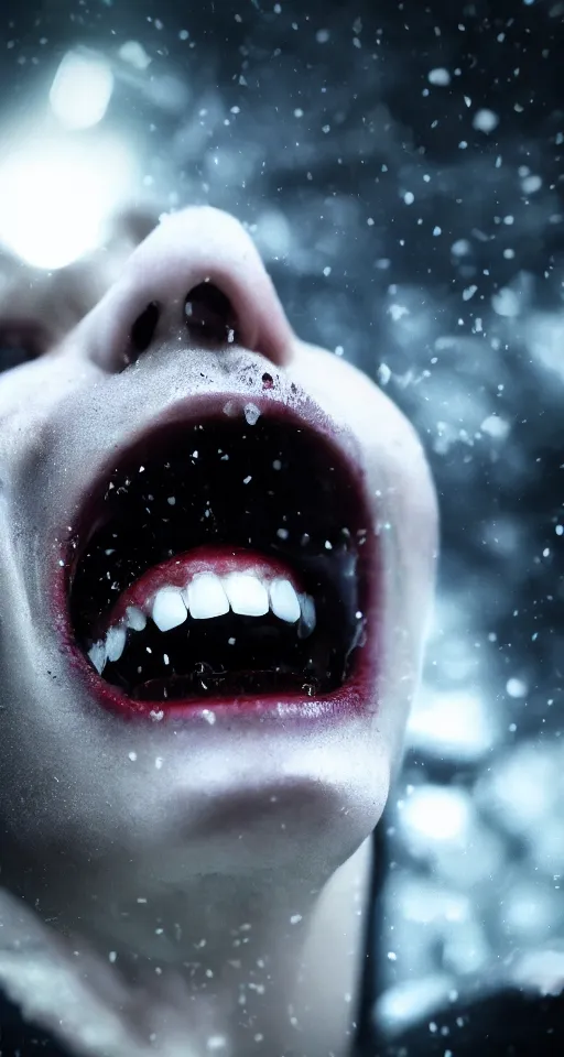 Image similar to up close shot of vampire fangs, winter, dark scenery, dark lighting, cinematic, cold freezing nights, laser lights, crybernetic, top floor boss shit, destroy lonely, black floor, lavish, luxurious, marble walls, cinematic, hyper realism, high detail, octane render, 8 k