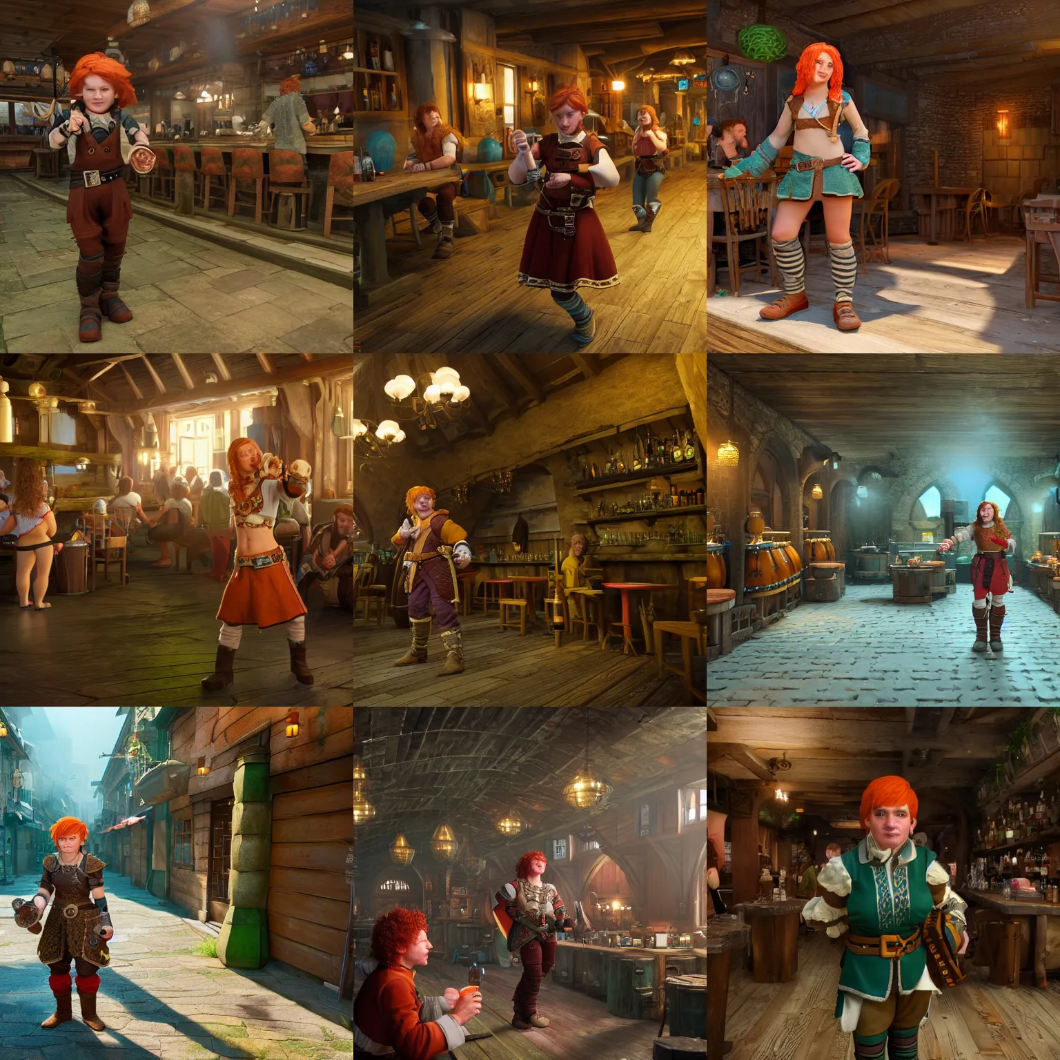 Prompt: 8k ultra high unreal engine render of a 18 year old halfling bard character from dungeons and dragons, red hair and freckles, ultra wide shot, green and brown clothes, crowded inn in the background, volumetric lighting, depth of field, multiple patrons drinking ale in the background