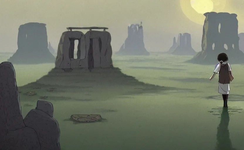 Image similar to a realistic cell - shaded studio ghibli concept art from paprika ( 2 0 0 6 ) of a flying cube from close encounters of the third kind ( 1 9 7 7 ) in a flooded monument valley stonehenge with giant trees on a misty starry night. very dull colors, action shot, hd, 4 k, hq