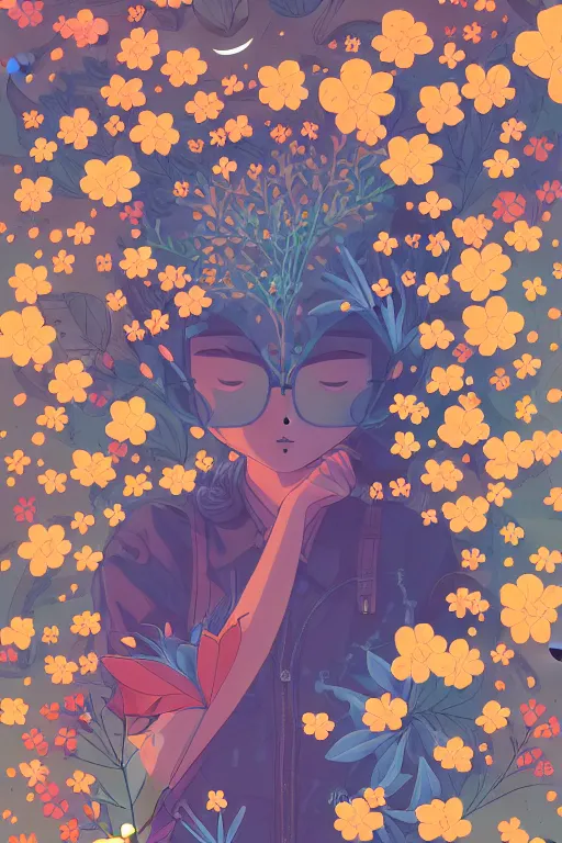 Prompt: night sky full of flowers, floating details, leaves by miyazaki, colorful palette illustration, kenneth blom, mental alchemy, james jean, pablo amaringo, naudline pierre, contemporary art, hyper detailed