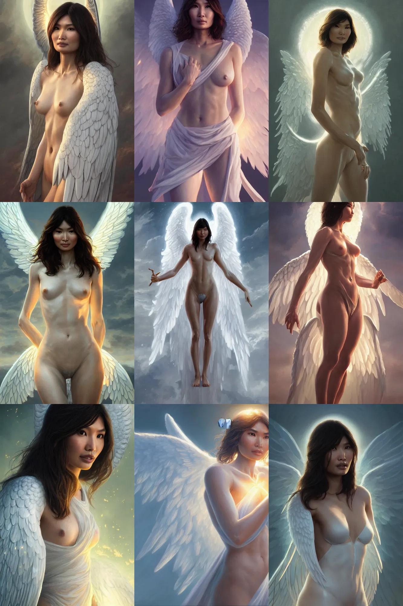 Prompt: gemma chan as a heavenly angel, anatomy, bathed in light, highly detailed, photorealistic, artstation, smooth, sharp focus, illustration, disrobed, unreal engine 5, 8 k, art by artgerm and greg rutkowski and edgar maxence