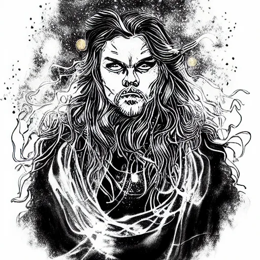 Prompt: black and white pen and ink!!!!!!! Leonardo Di Caprio handsome cosmic space robes flowing royal hair golden!!!! Vagabond!!!!!!!! floating magic swordsman!!!! glides through a beautiful!!!!!!! liquid magic floral crystal battlefield dramatic esoteric!!!!!! Long hair flowing dancing illustrated in high detail!!!!!!!! by Moebius and Hiroya Oku!!!!!!!!! graphic novel published on 2049 award winning!!!! full body portrait!!!!! action exposition manga panel black and white Shonen Jump issue by David Lynch eraserhead and beautiful line art Hirohiko Araki!! Rossetti, Millais, Mucha, Jojo's Bizzare Adventure