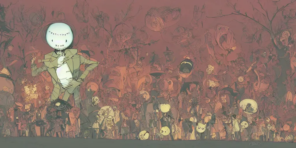 Image similar to a study of cell shaded cartoon of a scene from tim burtons nightmare before christmas, illustration, wide shot, muted colors, concept art by josan gonzales and wlop, by james jean, victo ngai, david rubin, mike mignola, laurie greasley, highly detailed, sharp focus, trending on artstation, hq, deviantart, art by artgem