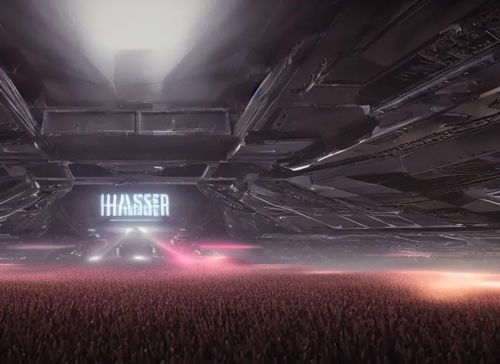 Image similar to ultra realistic, mainstage design of harder styles music festival in 2 0 5 0, futuristic, brutalism, octane render, sharp focus cinematic lighting, dramatic perspective, highly detailed, 4 k, 8 k