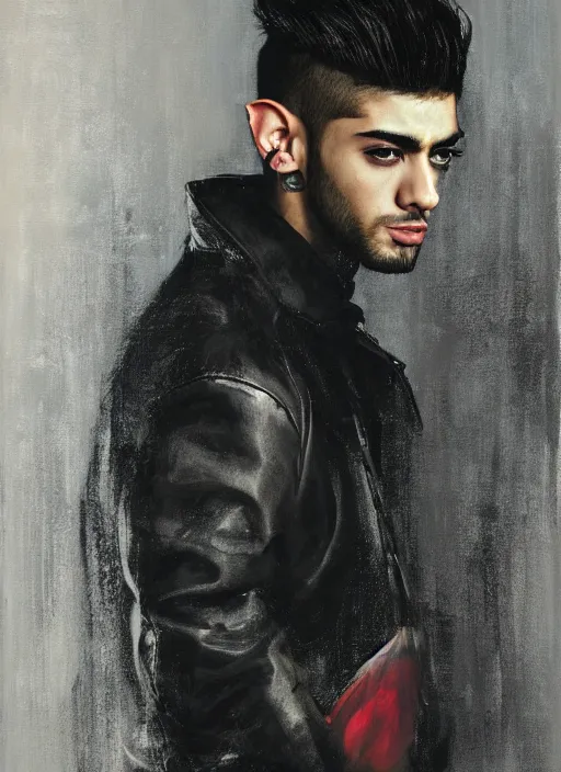 Image similar to portrait painting of zayn malik as an elf by jeremy mann, wearing leather high collared jacket, only one head single portrait, pointy ears