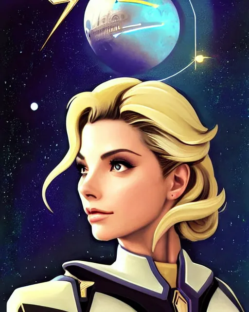 Prompt: mercy from overwatch, ashley greene's face combined with grace kelly's face, in space, character portrait, portrait, close up, concept art, intricate details, highly detailed, vintage sci - fi poster, retro future, vintage sci - fi art, vintage, in the style of chris foss, rodger dean, moebius, michael whelan, and gustave dore