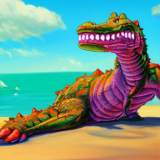 Image similar to furry art, buff scalie alligator at the beach smiling at the camera, bright colours, front page of art station, detailed, perspective angle, strong pose, global illumination, rim lighting