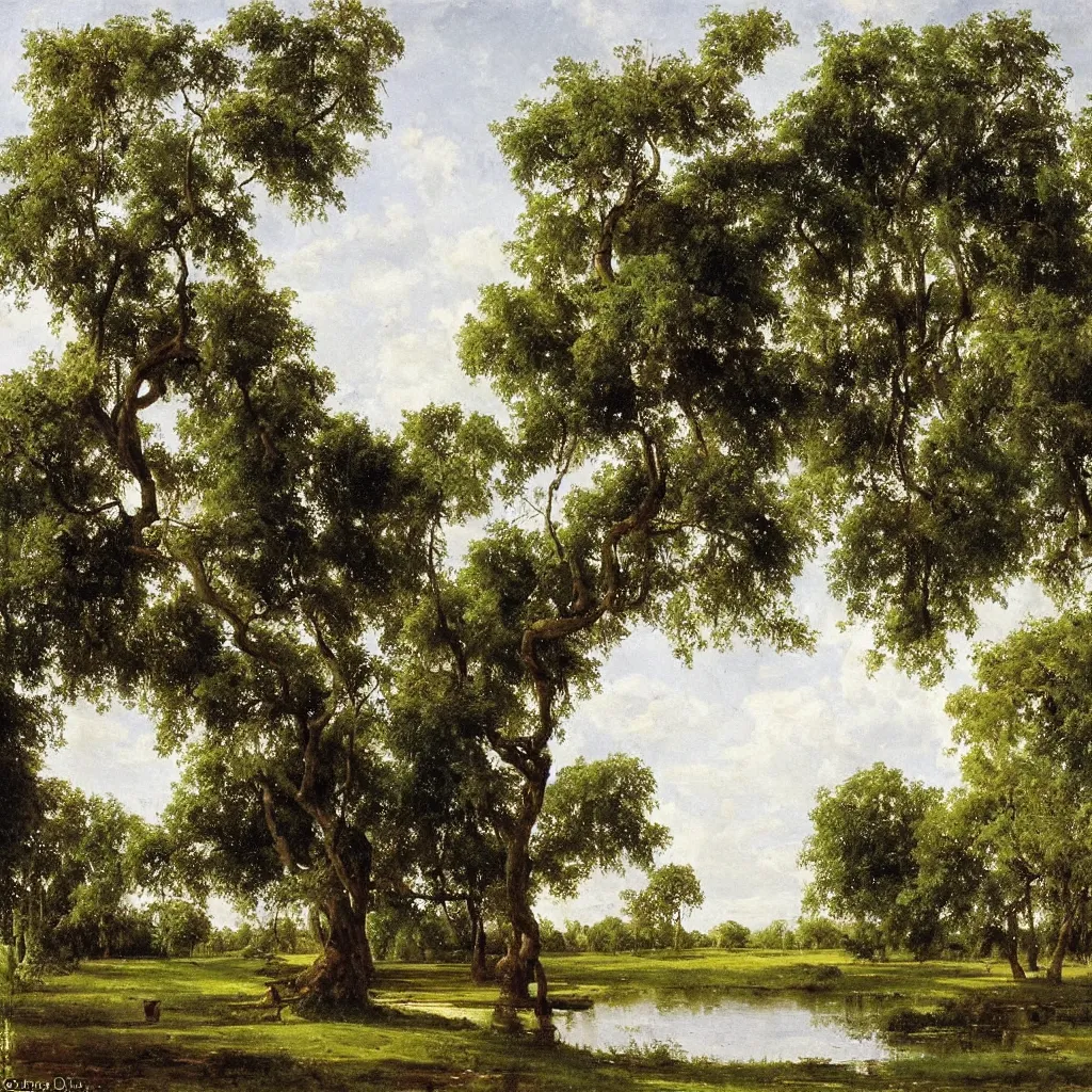 Prompt: banyan trees by the pond, a swing hangs from the tree, oil on the canvas, summer day, by ivan ivanovich shishkin