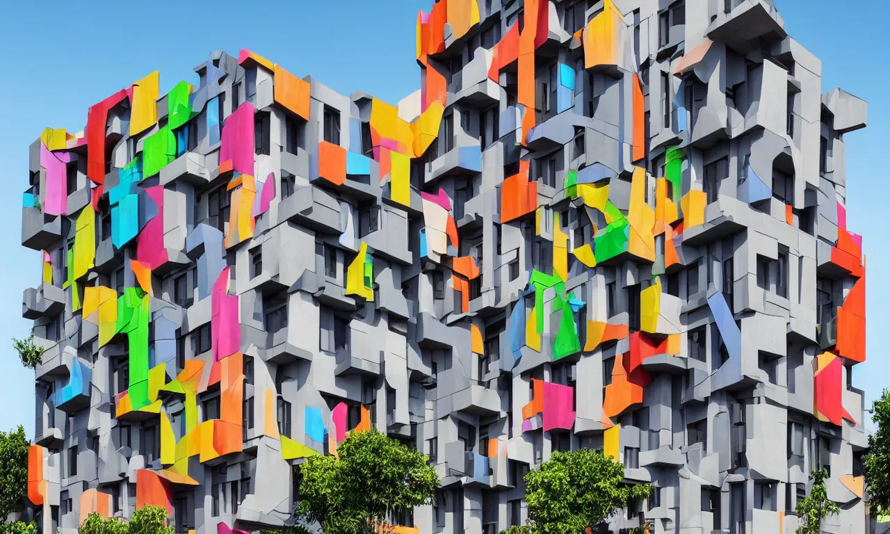 Image similar to african 3 d printed multifamily modern architecture, colorful geometric exterior cladding, architectural sculptural interior, ancestors and future, visually satisfying architecture render