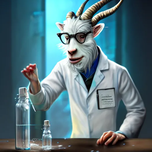 Prompt: a mad scientist goat in lab coats mixing acids, digital painting, digital illustration, digital art, trending on artstation and unreal engine, deviantart, smooth, hyper detailed, award - winning, hd