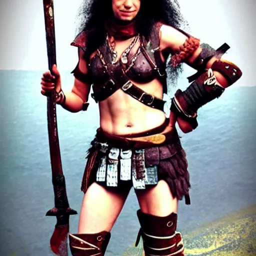 Prompt: full body photo of a skinny female barbarian warrior