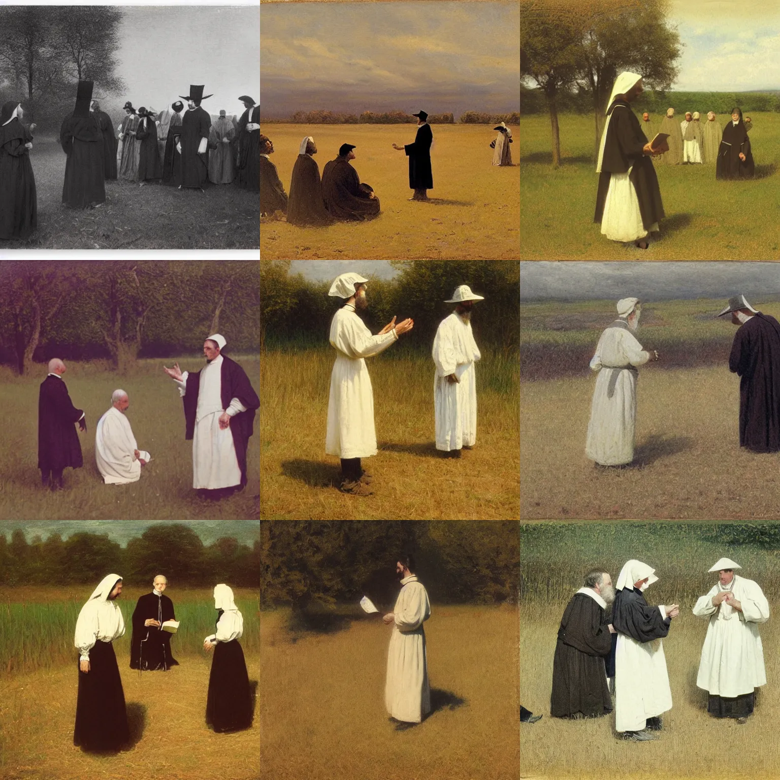 Prompt: a puritan priest preaching to some people in a field, 1 8 9 0 s, by francis davis millet