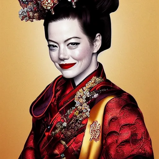 Prompt: portrait of emma stone dressed as a chinese queen pre - era, hyper detailed, award winning