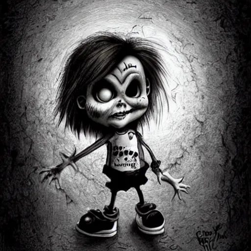 Image similar to grunge cartoon drawing of a cute chucky by - michael karcz , in the style of corpse bride, loony toons style, horror themed, detailed, elegant, intricate