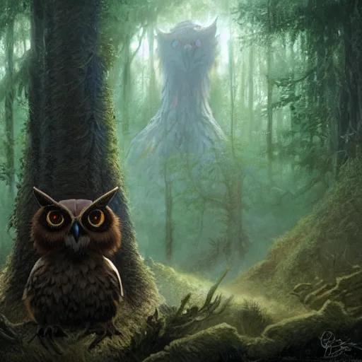 Image similar to three quarter portrait of an owlbear in the forest, d & d, fantasy, greg rutkowski, frank frazetta, alexandre chaudret, boris vallejo, michael whelan, miro petrov, hr giger, magali villeneuve, donato giancola