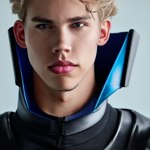 Prompt: medium face shot of adult Austin Butler !!with exposed head!!, dressed in black-prussian blue futuristic-tudoresque clothing with embroidered-Ram-emblem, and nanocarbon-vest, in an arena in Dune 2021, XF IQ4, f/1.4, ISO 200, 1/160s, 8K