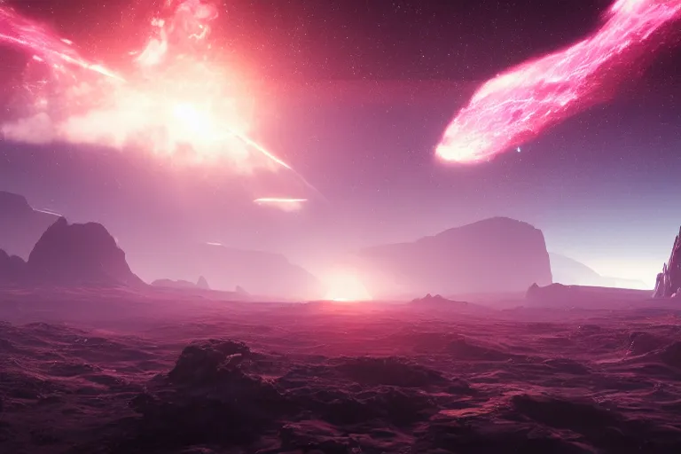 Image similar to beautiful sci fi planet from the horizon, nebula in the background, concept art trending on artstation, volumetric lighting, 8k