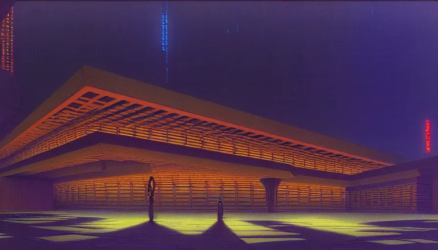 Prompt: cyberpunk library exterior, at night, by ralph mcquarrie and frank lloyd wright and bruce pennington and ted nasmith