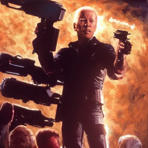 Prompt: joe biden as the terminator executing t-1000 Donald Trump with a shotgun, dramatic lighting, cinematic, establishing shot, extremly high detail, photorealistic, cinematic lighting, artstation, style by James Gurney