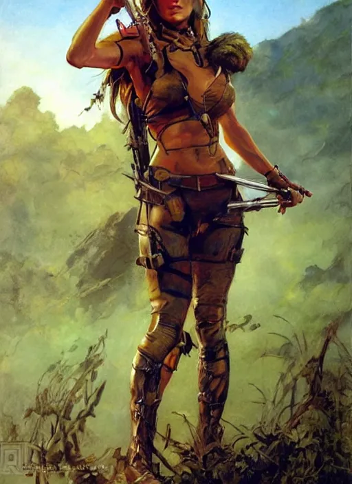 Image similar to hyper realistic hunter girl, full body, human proportion, rule of thirds, conceptart, saturated colors, cinematic, vallejo, frazetta, royo, rowena morrill, juan gimenez