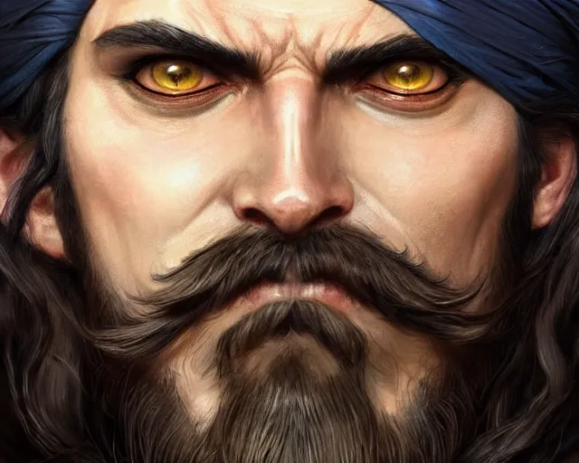 Image similar to close up of a pirate face, beard, smirk, black hair, face tattoo, deep focus, d & d, fantasy, intricate, elegant, highly detailed, digital painting, artstation, concept art, matte, sharp focus, illustration, hearthstone, art by artgerm and greg rutkowski and alphonse mucha