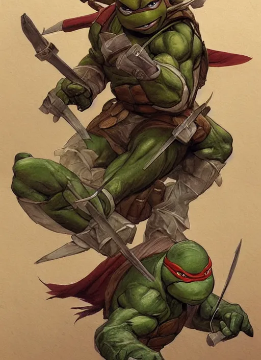 Image similar to elegant renaissance concept art of a male young muscular teenage mutant ninja turtle 1 9 9 0 film, full figure dynamic fighting pose, fantasy, intricate, highly detailed, digital painting, artstation, smooth, sharp focus, illustration, art by artgerm and greg rutkowski and alphonse mucha