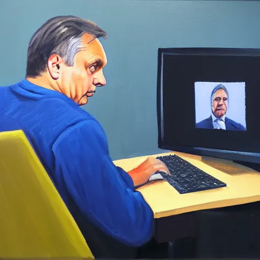 Image similar to viktor orban programming in a cubicle, oil painting