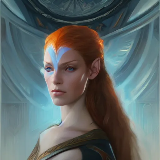 Image similar to A detailed matte oil on canvas head on symmetrical portrait of a beautiful elven woman with blue red eyes and red hair by greg rutkowski and Charlie bowater, trending on artstationhd, dungeons and dragons art critical role