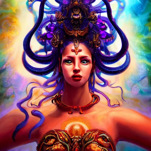 Image similar to six armed goddess, a god, god, ecstatic, infinite power, manic, perfect eyes, full body shot, magical being, magic, portrait, noble, transformation, vivid colors, elegant, concept art, sharp focus, digital art, Hyper-realistic, 4K, Unreal Engine, Highly Detailed, HD, Dramatic Lighting by Brom, trending on Artstation