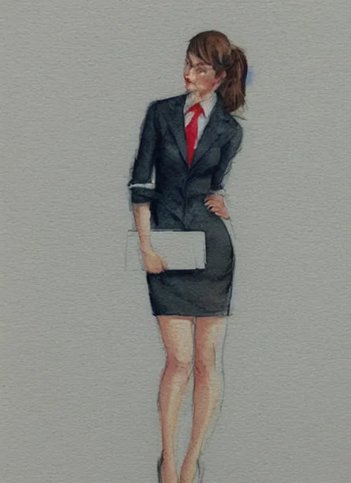 Prompt: concept art of a modern office life, young business woman, pencil miniskirt, pinterest, artstation trending, behance, watercolor, by coby whitmore, silver, laser light,