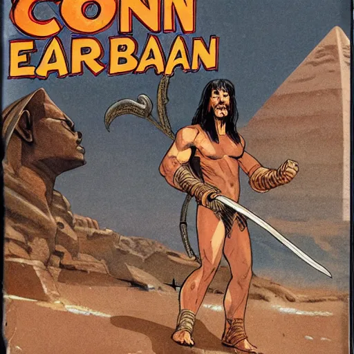 Image similar to conan the barbarian bare handed, egyptian landscape, comic book cover