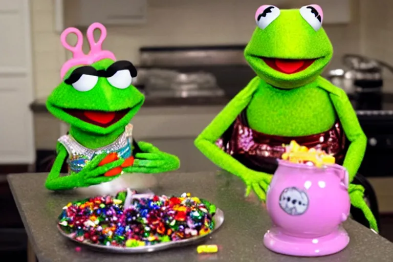 Image similar to a still the muppets of kermit the frog made out of candy next to a robot mrs piggy