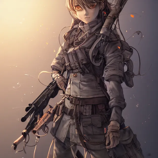 Image similar to the portrait of lawful neutral semi - colorful female infantry sniper as absurdly beautiful, gorgeous, elegant, young anime girl, an ultrafine hyperdetailed illustration by kim jung gi, irakli nadar, intricate linework, bright colors, octopath traveler, final fantasy, unreal engine 5 highly rendered, global illumination, radiant light, detailed and intricate environment