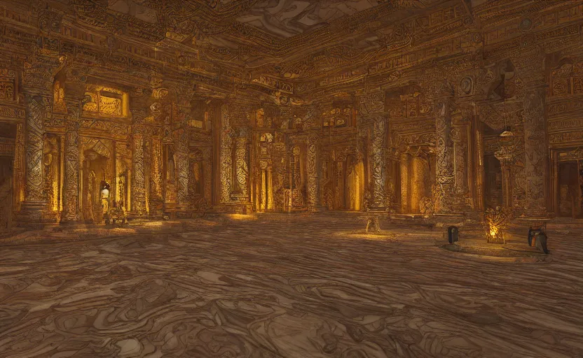 Image similar to inside a marble temple with torches at night, digital art, masterpiece, 4k