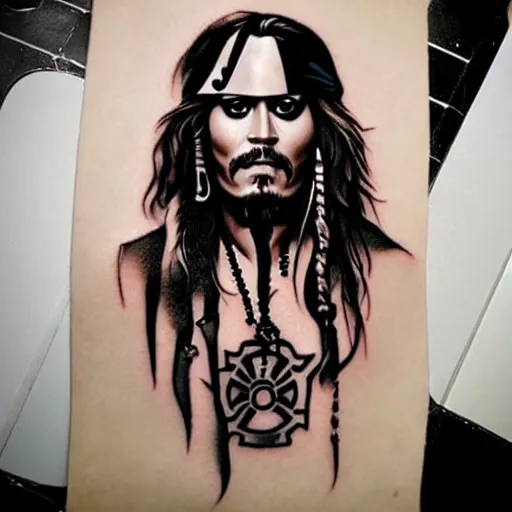 Image similar to tattoo design, stencil, portrait of captain jack sparrow by artgerm