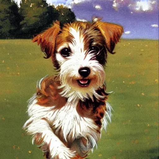 Image similar to a high quality painting of a very cute scruffy wire haired jack russell terrier puppy, white with chocolate brown spots, brown patches over both eyes. he is running through a field. painting by norman rockwell