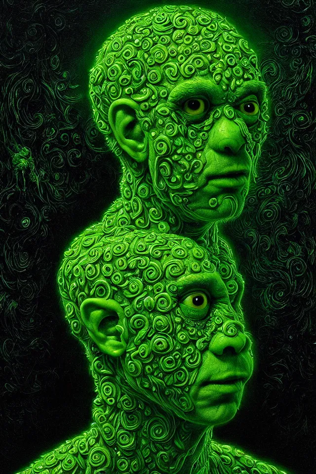 Prompt: bizarre green blacklight detailed renaissance portrait of the cookie monster as a highly detailed realistic real life person, dramatic cinematic lighting, 8 k, beautiful intricate painting by james r eads and tomasz alen kopera