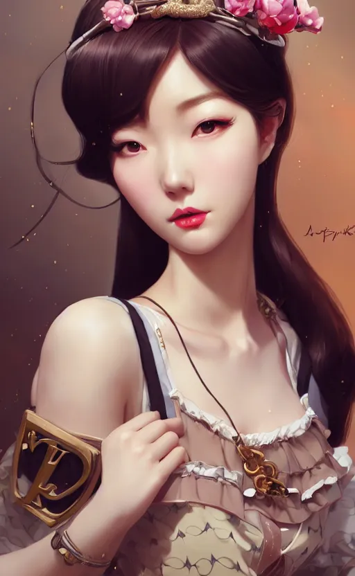 Image similar to a pin up and beautiful fashion charming dreamlke korea girl with lv jewelry, character art, art by artgerm lau and kyoung hwan kim and and ilya kuvshinov and john singer sargent, hyperdetailed, 8 k realistic, symmetrical, frostbite 3 engine, cryengine, dof, trending on artstation, digital art