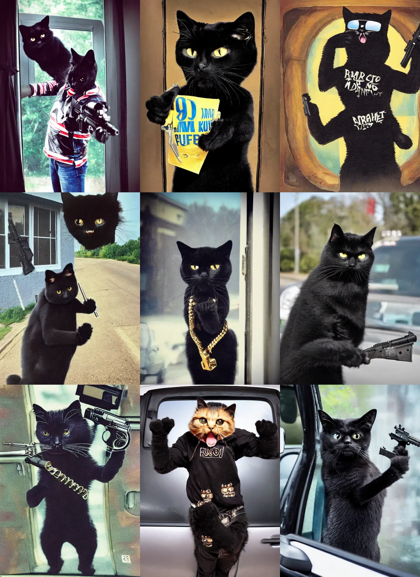 Prompt: high quality photograph of a black furred cat holding a pistol and wearing 9 0 s hip - hop clothes threatening you at the window of your car, you fear for your life as the cat with a pistol is about to shoot you as it screams frantic meows at you