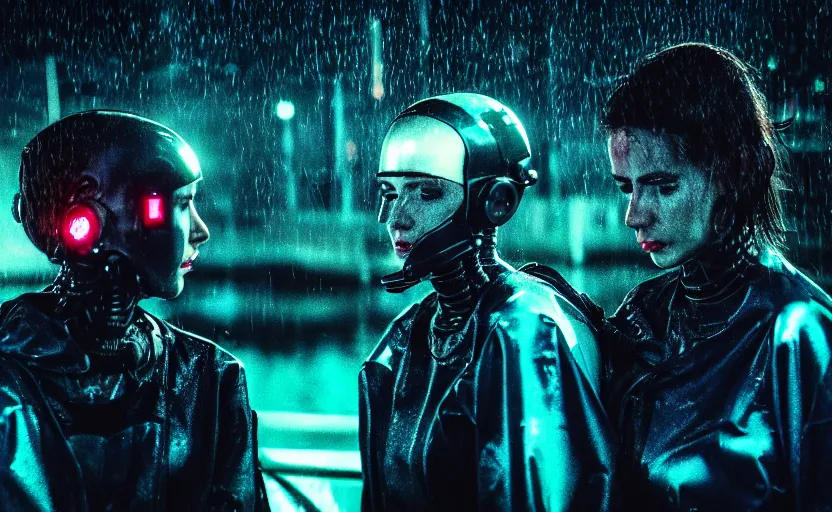 Image similar to cinestill 5 0 d candid photographic portrait by steven spielberg of two loving female androids sobbing wearing rugged black mesh techwear in treacherous waters, flooded city, medium closeup, retrofuturism cyberpunk moody emotional cinematic, pouring iridescent rain bright spotlight helicopter, 8 k, hd, high resolution, 3 5 mm, f / 3 2, ultra realistic faces, ex machina