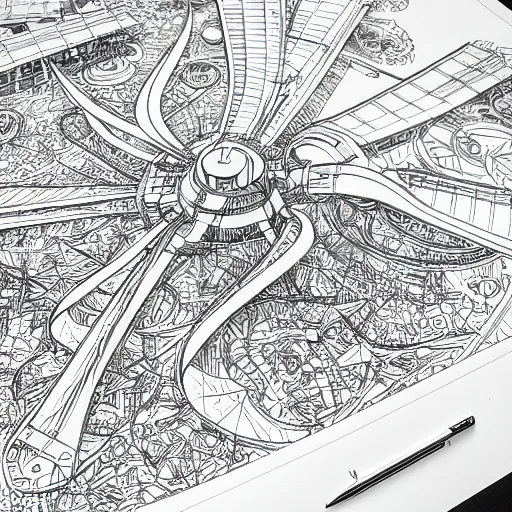 Image similar to hyper detailed comic illustration of a wind turbine blueprint, black ball pen on white paper, by Josan Gonzalez and Geof Darrow, intricate details