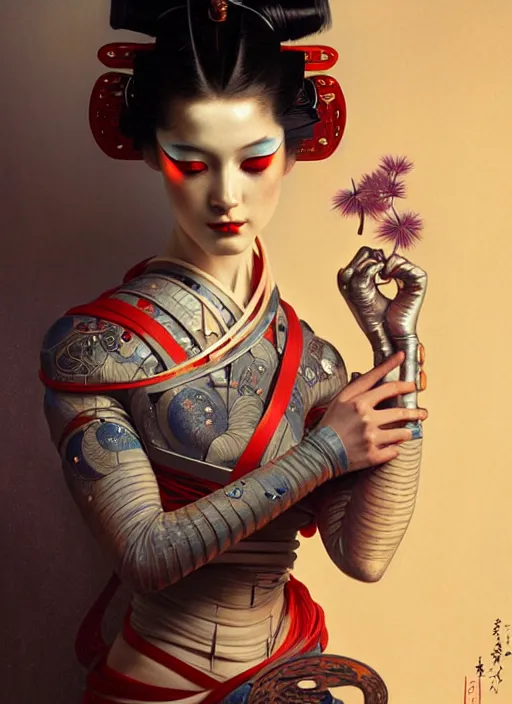 Image similar to cyborg geisha, diffuse lighting, fantasy, intricate, elegant, highly detailed, lifelike, photorealistic, digital painting, artstation, illustration, concept art, smooth, sharp focus, art by John Collier and Albert Aublet and Krenz Cushart and Artem Demura and Alphonse Mucha