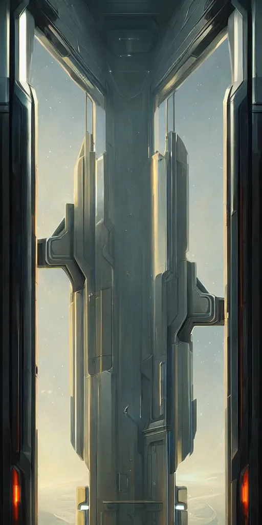 Image similar to hyper realistic art - deco sci - fi double door by jordan grimmer, darek zabrocki